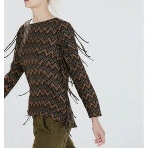 ZARA Top Womens XS Brown Chevron Fringe Boho Western Hippie Festival Arts Indie!